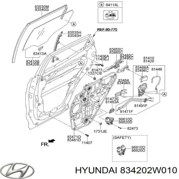 Стекло двери задней правой 834202W010 Hyundai/Kia