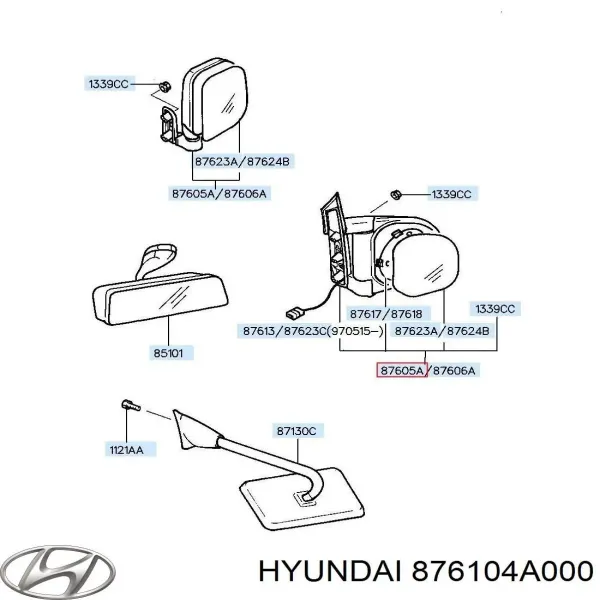 Левое боковое зеркало 876104A000 Hyundai/Kia