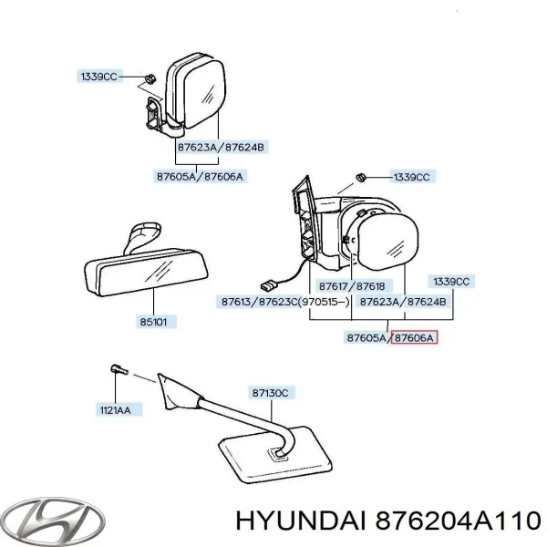 Правое зеркало 876204A110 Hyundai/Kia