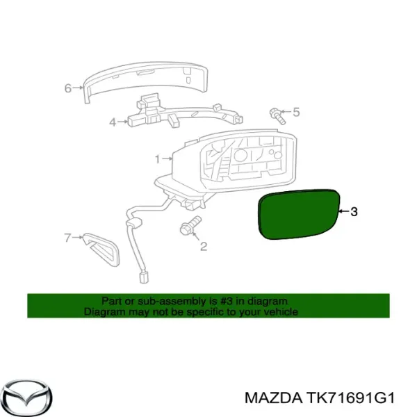 Стекло правого зеркала заднего вида TK71691G1 Mazda