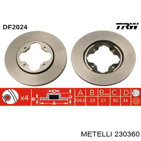 Передние тормозные диски 230360 Metelli