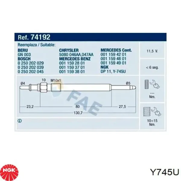 Свечи накала Y745U NGK