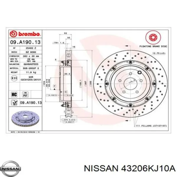 Тормозные диски 43206KJ10A Nissan/Infiniti