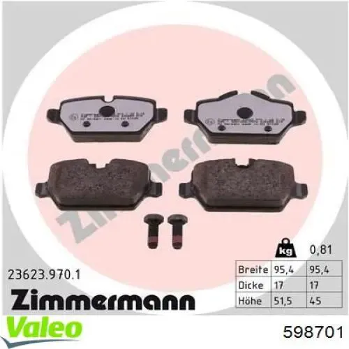 Задние дисковые колодки VALEO 598701