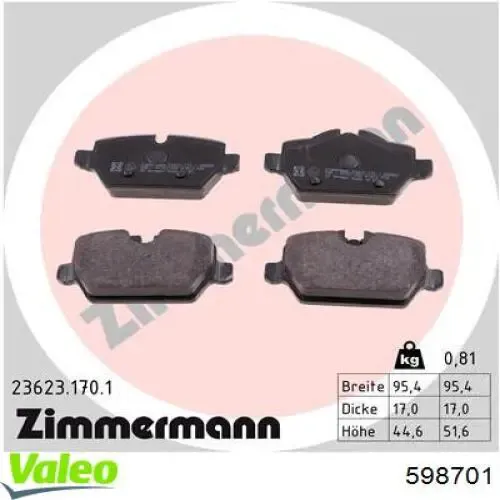 Купить 598701 VALEO Колодки тормозные задние, дисковые